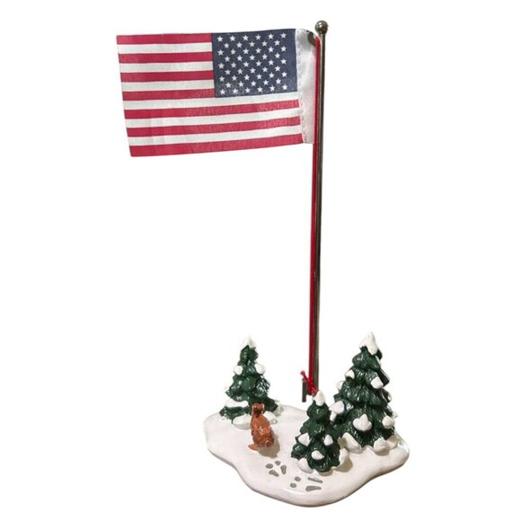 Det 56 Village Flag Pole Snow Village Accessories American Flag Pine Tree Rabbit - Picture 1 of 8